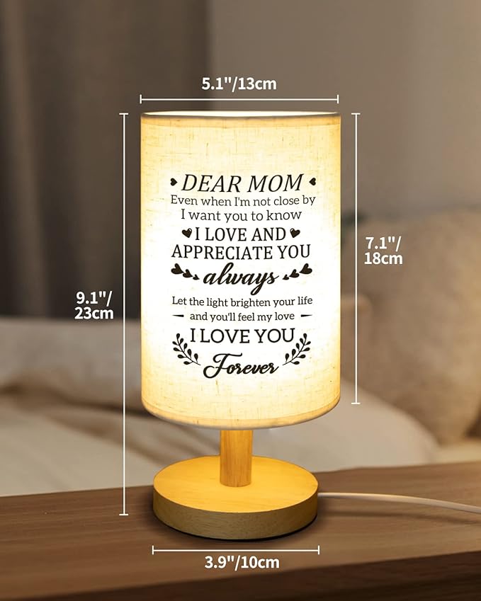 Gifts for Mom from Daughter Son, Moms Birthday Gift Fabric Lamp, Valentines Day Retirement Birthday Gifts for Mother Table Lamp with Wooden Stand, I Love You Mom Gifts