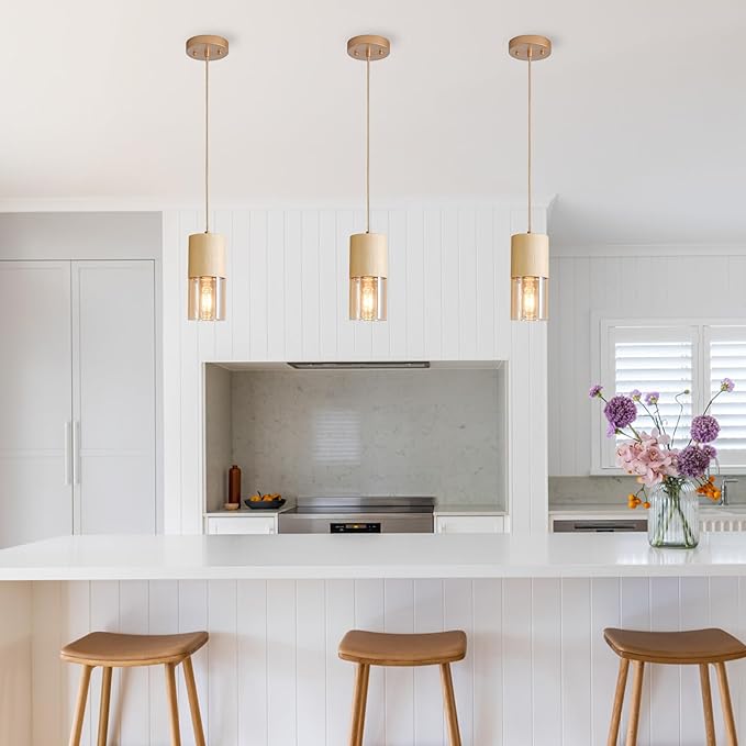 Pendant Light Fixtures, Adjustable Modern Pendant Lights for Kitchen Island, Industrial Amber Glass Pendant Lights for Dining Table Hallway Bedroom Living Room, Gold, 1 Pack