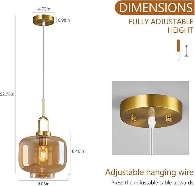 Cognac Glass Pendant Lights Kitchen Island Gold Pendant Light Fixtures Adjustable Height Modern Pendant Lighting for Bedroom Dining Room (9.06 in 1-Pack)