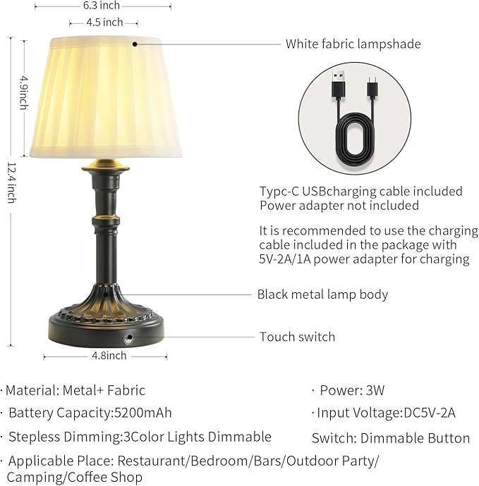 Portables Cordless Table Lamp Set of 2, Fabric Shade Des Lamps,5200mAh Battery Operated,3 Color Stepless Dimming Up,for Restaurant, Bedroom, Camping, Bar, Coffee Shop, (Black)