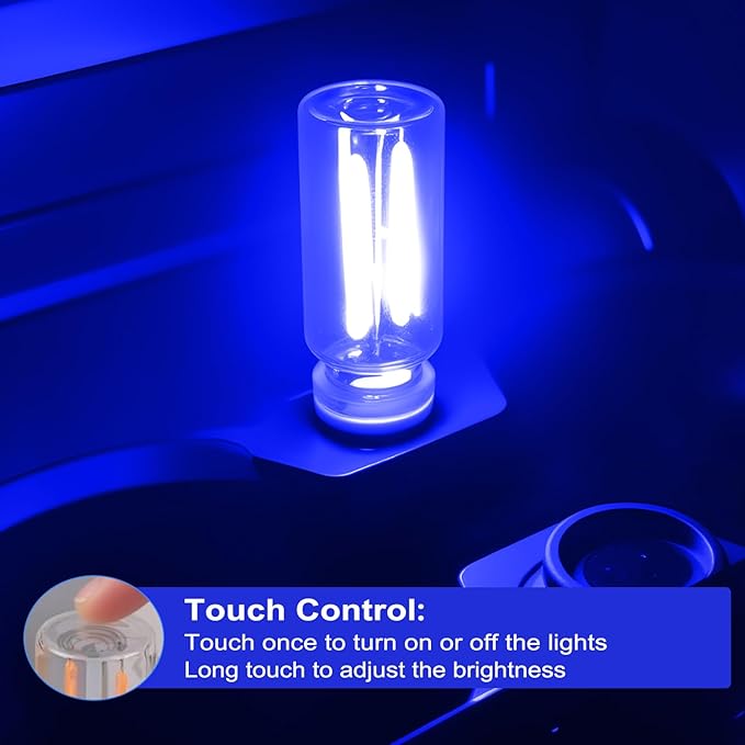 2 PCS Car USB Lights, Plug-in Retro Car Atmosphere Lamp with Touch Dimmable, Portable Mini Glass Bottle LED Bulb Night Lights for Vehicle Bedroom Hallway Camping Holiday Decoration (Blue)