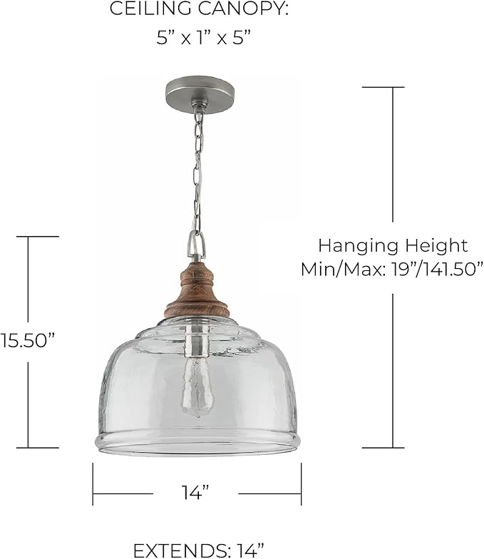 Capital Lighting 330318YG Julian Coastal Style Clear Organic Rippled Glass Dome Pendant, 1-Light 100 Watt, 16" H x 14" W, Grey Wash/Iron Silk