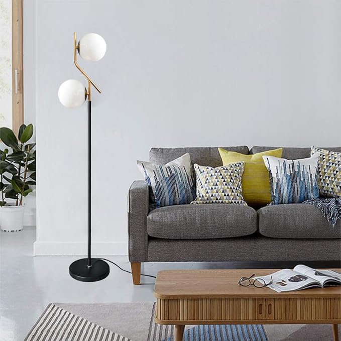 Hsyile Lighting KU300208 Modern Style Two Milky White Glass Orbs and Brass Finish Floor Lamp for Living Room,Bedroom,Office,Hotel,Light Pole and Base Black Finish