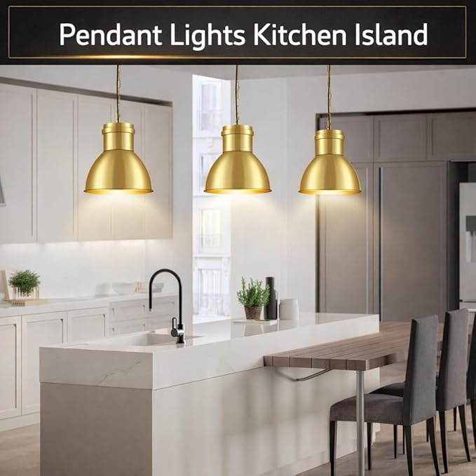 BoostArea Gold Pendant Lights Kitchen Island, 10.6" Large Metal Shade and 70.9'' Adjustable Height, Modern Pendant Lighting Fixtures,Farmhouse Hanging Pendant Light for Kitchen Island/Bar,No E26 Bulb