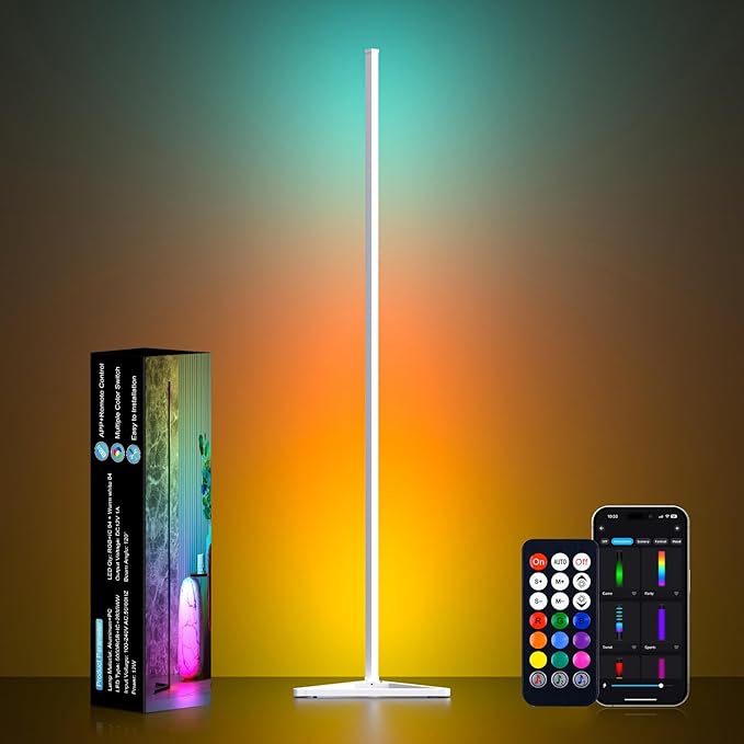 MIHEAL Corner Floor Lamp, 1 Pack LED Corner Lamp with APP and Remote Control, 16 Million DIY Colors & Warm White, Music Sync, Timing Function, Color Changing Ambient Lights for Living Room, Bedroom