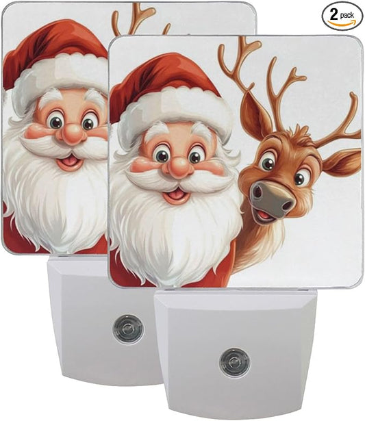 Christmas Night Light Cartoon Santa and Reindeer 2 Pack Dusk to Dawn Sensor Led Lamp for Women Men Night Lights Plug into Wall Decor for Bedroom Kitchen Bathroom Corridor, 0.5W