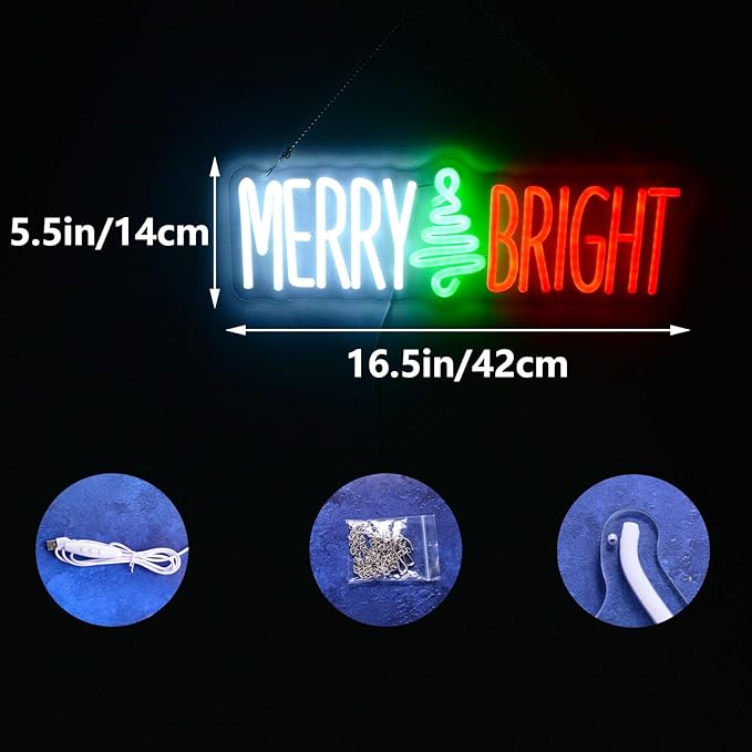 Merry and Bright Neon Lights Wish you a Nice Christmas Quotes LED Signs Christmas Tree for Shop Coffee Store Cafe Apartment Family Light up Xmas Party Wall Decor