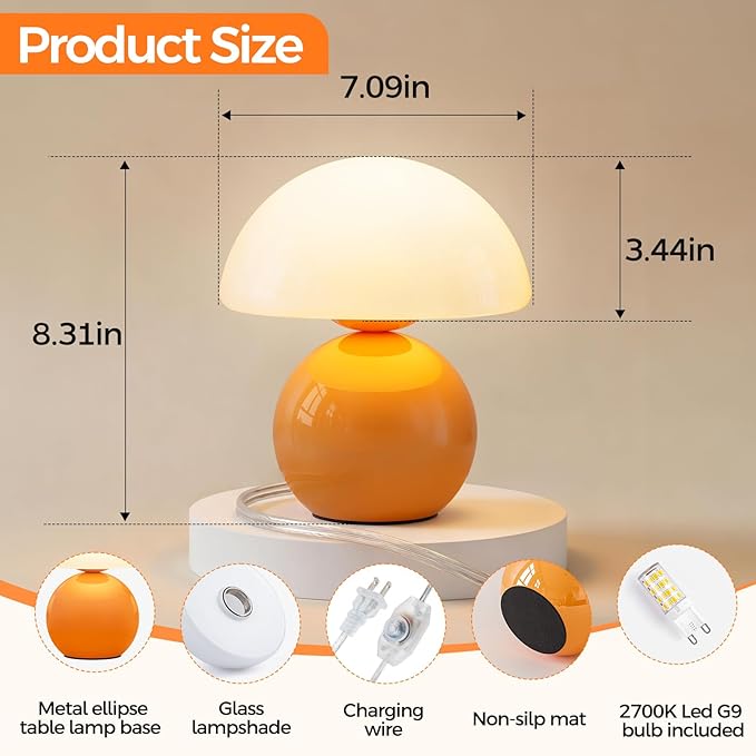NIORSUN Mushroom Lamp,Table Lamp for Bedroom, 2700k Dimmable Desk Lamps,Small Bedside Table Lamps for Living Room Night Stands, Mushroom Decor Cute Mini Modern Mid Century Lamps Orange