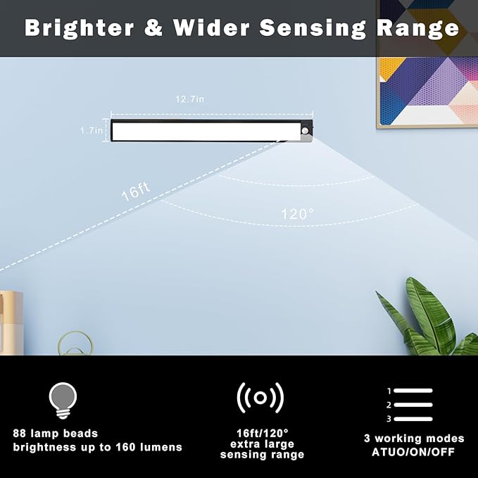 88 LED Motion Sensor Under Cabinet Lights, 3 Color Temps Indoor Dimmable Closet Light, Rechargeable Wireless Magnetic Strip Lights Night Light for Hallway, Stairway, Drawers, Wardrobe(2 Pack, 10 inch)