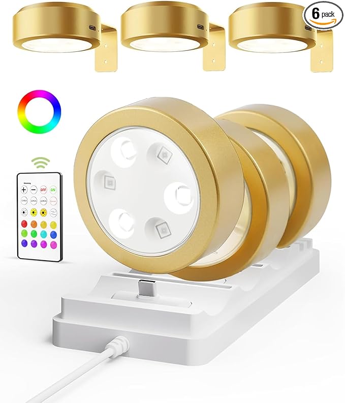EZVALO Picture Lights for Wall, Rechargeable Battery Magnetic Poster Lights with 3 Color Temps & 12 RGB, Remote Dimmable Timer Light, Wall Decor Light for Art Display (6 Pack with Charging Station)