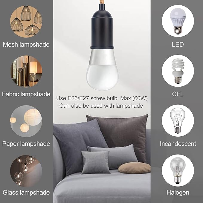 Pendant Light with Plug in Cord Hanging Vintage Hemp Rope Swag Lamp Kit Twisted Lantern Cords with Switch Replacement Industrial Farmhouse DIY Fixtures Porcelain Socket Set Black Holder 15ft 2Pack