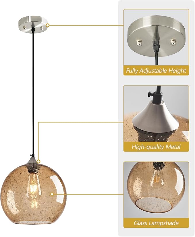 Light Brown Glass Pendant Lights Kitchen Island Globe Pendant Light Fixtures Modern Pendant Lighting for Bedroom Living Dining Room Light Fixture (9.84 in, 1 Pack)