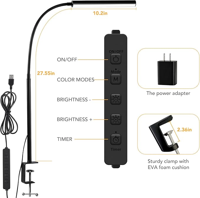 Small LED Desk Lamp with Clamp,Eye-Caring Clip on Lamp for Desk, 5 Modes 10 Brightness, Flexible Gooseneck USB Adapter Table Lamps for Home Office, Sewing（Black）
