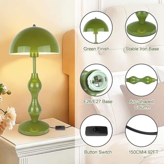 Mushroom Lamp Green,Tall Bedside Table Lamp for Living Room Kids Room Bedroom Nightstand,Flowerpot Desk Light with Button Switch, Requires E26 Bulb(not included),Iron Lampshade,Home Office Decor