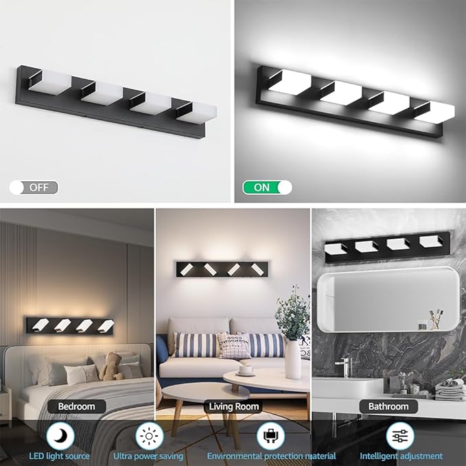 Aipsun 5 Color Temperature 4 Lights Black LED Vanity Lights Dimmable Acrylic Modern Matte Black Bathroom Vanity Lighting Fixtures Bathroom Wall Light Fixtures Over Mirror
