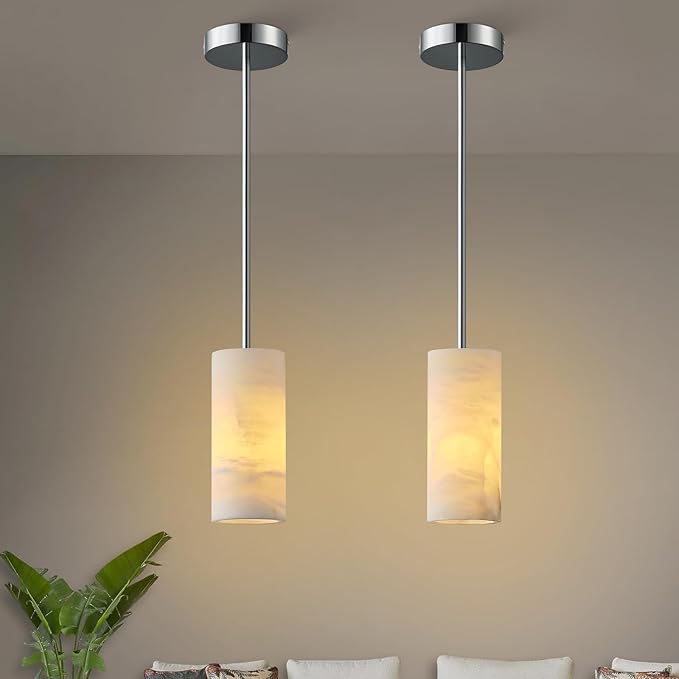 Alabaster Pendant Light Kitchen Island, H-9.5in Nickel Pendant Light Fixtures with Natural Marble Shade, Adjustable Ceiling Pendant for Dining Room, Living Room, Bedroom & Bathroom