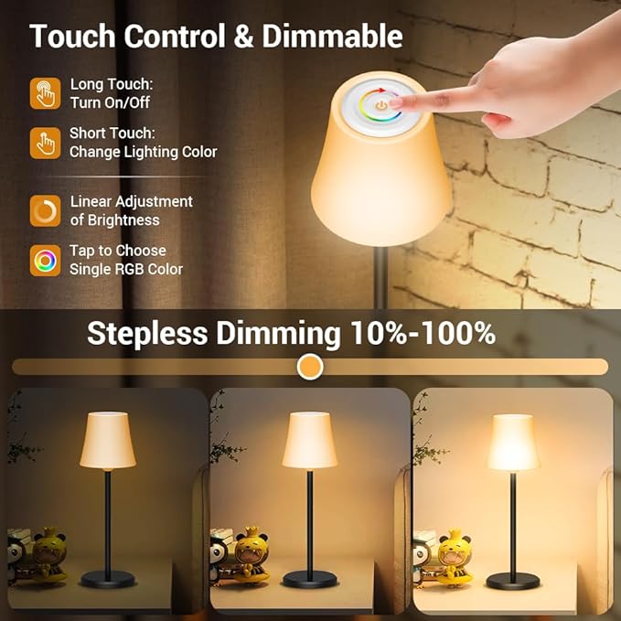 Cordless Table Lamp Rechargeable 2 Pack Wireless Touch Light Battery Operated 3 Color & RGB Stepless Dimmable Portable Led Waterproof Small Lamps for Kichen/Dining/Outdoor/Patio/Restaurant