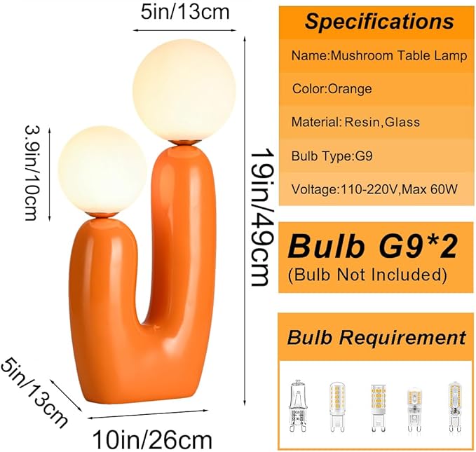 Modern Orange Cactus Shape 2 Lights Table Lamp Mushroom White Milk Globe Glass Table Light Cute Resin Light Fixtures for Bedroom Living Room Children’s Room Kid’s Room Corner