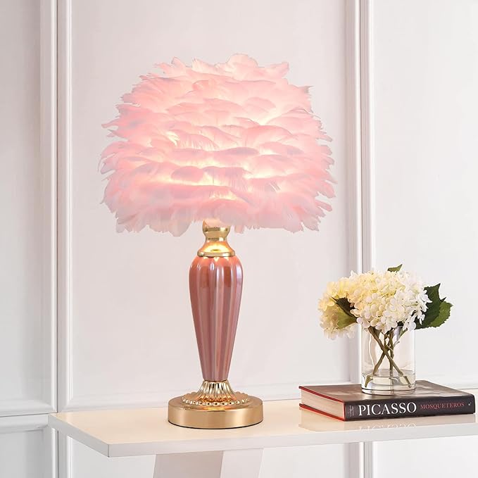 Pink Feather Lamp Creative Bedside Lamp Feather Table Lamp Cute Furry Goose Nightstand Light for Girl Bedroom Wedding Decor Living Room Hotel Office Valentines Dating Gift