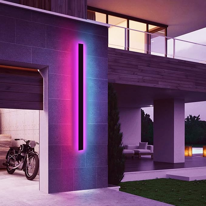 Outdoor Long Strip Modern LED Wall Lighting Fixture Lamps, RGB LED Light Strip,UL MW Driver,Elegant Frosted White Acrylic, Black Aluminum Body IP65 Waterproof Anti Rust(RGB, 60inch)
