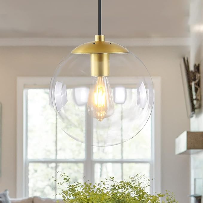 KoKo&Yukina 8 Inch Globe Pendant Lighting for Kitchen Island Mid Century Modern Hanging Light Fixture with Clear Globe Glass Gold Brass Hanging Ceiling Lights for Sink Bathroom Entryway (Bulb Incl.)