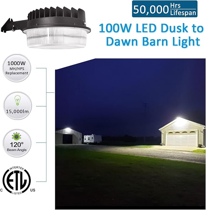 100W LED Barn Light, SZGMJIA Dusk to Dawn Outdoor Yard Light with Photocell, Ultra Bright 15,000LM 5000K Daylight, 1000W MH/HPS Replacement,100-277V IP65 Waterproof for Security Area Light, ETL Listed