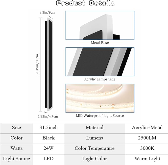 2 Pack 31.5in Outdoor Wall Lights,Black Long Exterior Wall Mount Lighting Linear Outdoor Light for Garage House Porch