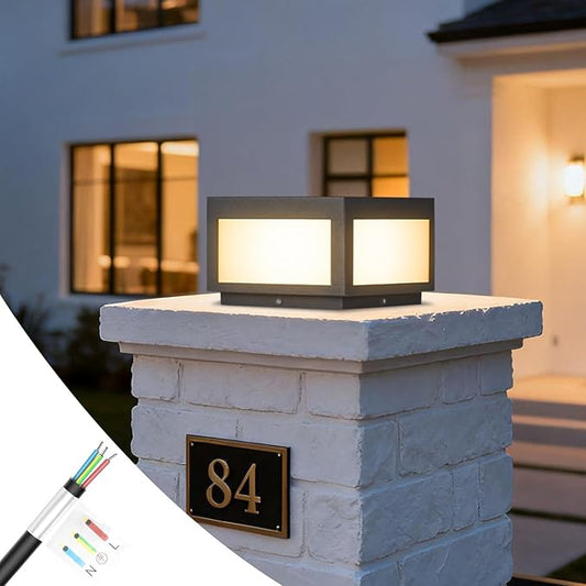 Outdoor Post Lights Hard Wired, 9.8" Pillar Lights Waterproof, AC100-240V LED Column Lamp, Electric Modern Fence Deck Cap Lantern 3000K Lighting for Patio Garden Driveways Entrances Posts