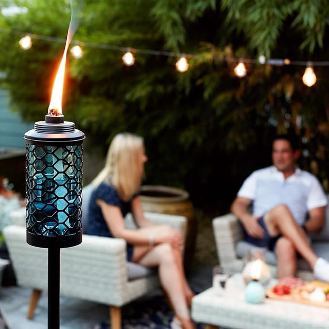 TIKI Honeycomb Outdoor Torch, 65" – Blue Decorative Lighting for Patio, Backyard & Lawn | 3-in-1 Design: Full-Size, Mid-Size Garden & Table Torch | Includes Snuffer & Wick