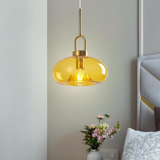 Yellow Glass Pendant Lights Kitchen Island Gold Pendant Light Fixtures Adjustable Height Modern Pendant Lighting for Bedroom Dining Room (11.02 in 1-Pack)