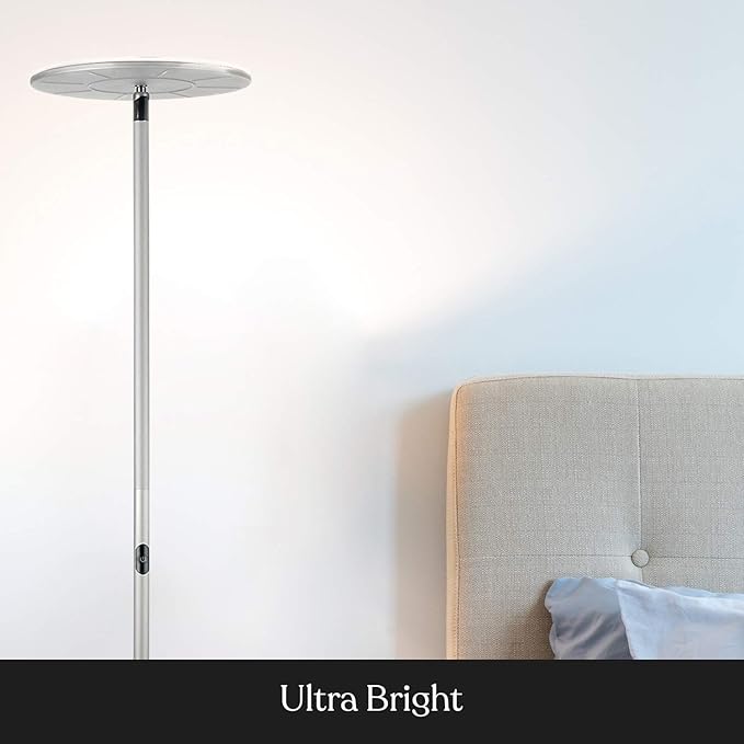 Brightech Sky Flux Dimmable LED Floor Lamp – Super Bright Floor Lamp with 3 Light Modes for Living Room, Office – Torchiere Standing Touch-Lamp, Tall Torch Lamp for Bedroom & Reading - Silver