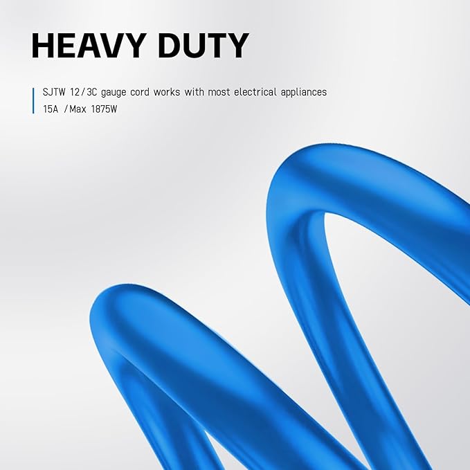 EP 50Ft Outdoor Extension Cord, 12/3 SJTW Heavy Duty Waterproof Power Cable, 3 Prong Grounded Plug, Lighted End, for Lawn, Garden, Appliances, Blue