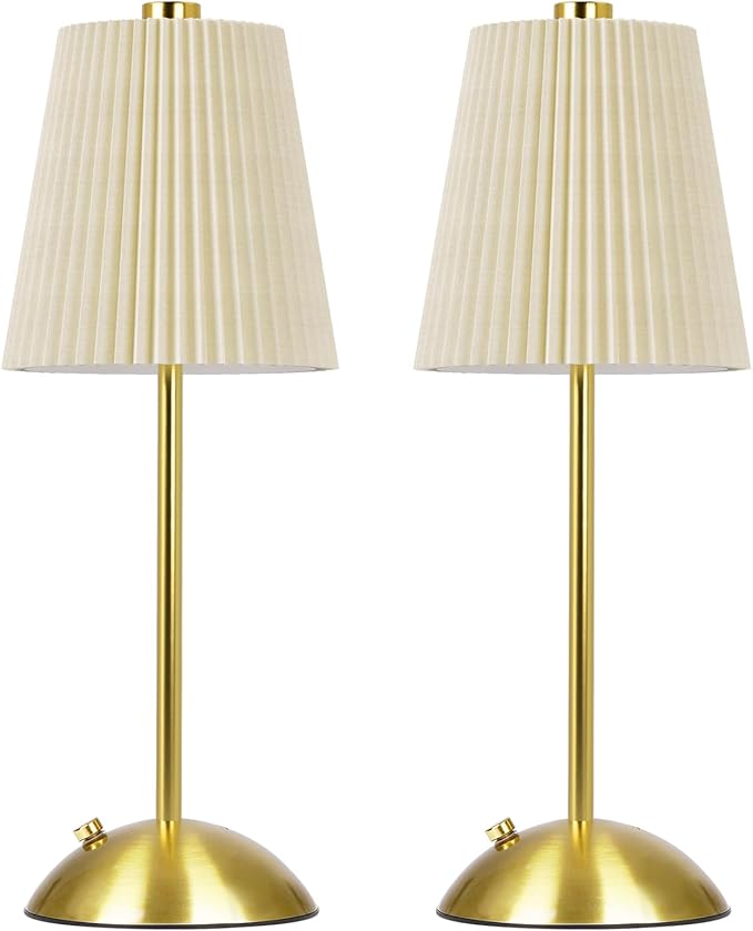 FRIDEKO HOME Rechargeable Table Lamp Gold - Cordless Battery Operated Lamp, Fabric Shade Desk Lamp, Wireless Lamp for Decor Bedroom Dining Table Counter (2pcs-Hard Fabric-LED-11.65in)