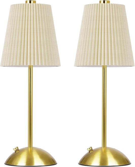 FRIDEKO HOME Rechargeable Table Lamp Gold - Cordless Battery Operated Lamp, Fabric Shade Desk Lamp, Wireless Lamp for Decor Bedroom Dining Table Counter (2pcs-Hard Fabric-LED-11.65in)