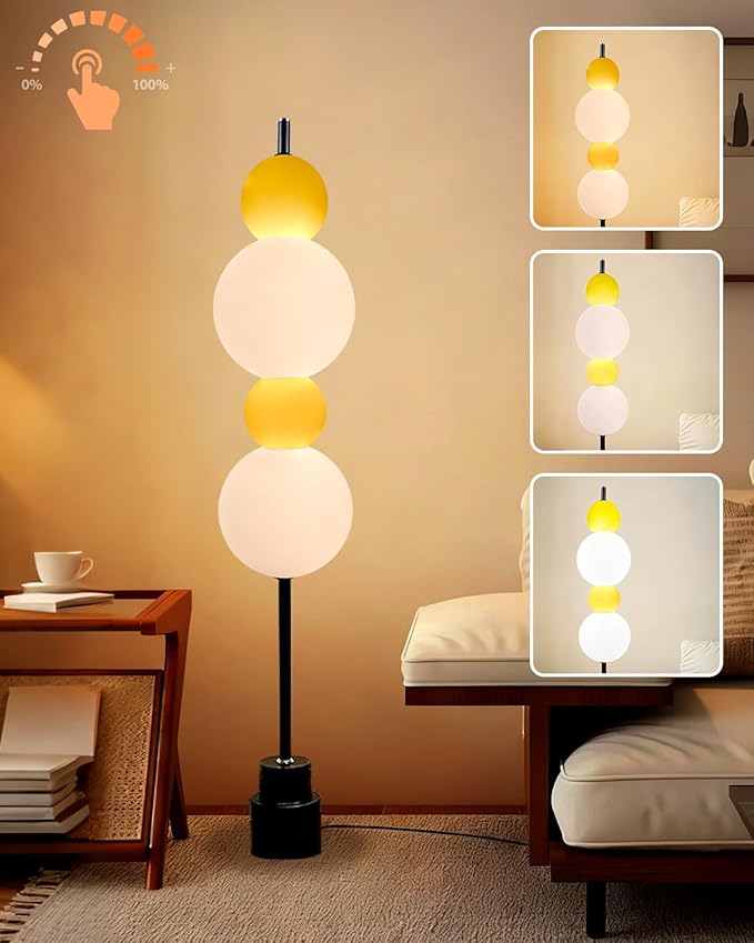 Yellow Globe Floor Lamp - Metal, Gold - 3 CCT (3000K/4000K/5000K) Dimmable LED, Touch Switch, Modern Tall Standing Lamp for Bedroom, Living Room, Home Office