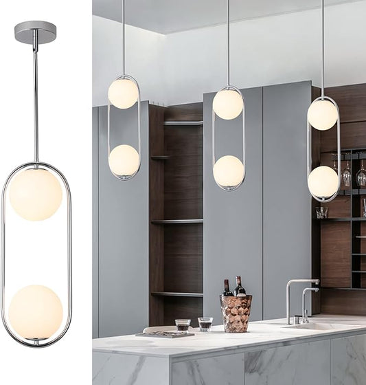 SeeU Chrome Pendant Lighting Mid Century Pendant Light Fixture Hanging Lighting Fixture with White Globe Glass Lampshade Pendant Chandelier for Kitchen Island Dining Room Bedroom