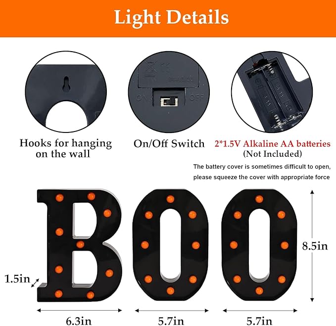 Halloween Decorations Indoor-Boo 3 Led Marquee Light up Letters Halloween Decor Boo Signs Light for Home Fireplace Room Desk Mantel Wall Table Bedroom Kitchen Vintage Gothic Party Supplies Ornaments