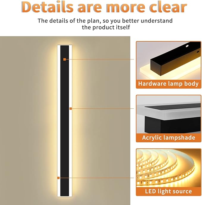 Modern 70.8inch Long LED Wall Light, 3000K Black Acrylic Exterior Lighting Fixtures Wall Mount, Ip65 Waterproof Modern Porch Lights Outdoor Wall Sconce, Led Long Outdoor Lights for House Hard-Wired