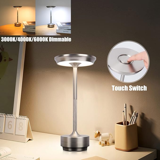 Vintage Aluminum Rechargeable Cordless LED Table Lamp with Dimmable Brightness and 3 Color Temperatures