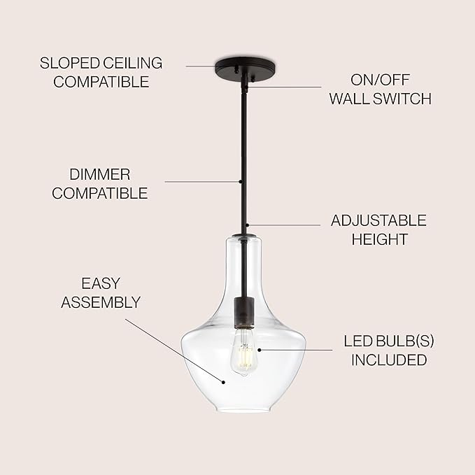 JONATHAN Y JYL6400B Watts 10.5" Glass/Metal LED Pendant Farmhouse Contemporary Dimmable Dining Room Living Room Kitchen Foyer Bedroom Hallway, Oil Rubbed Bronze/Clear