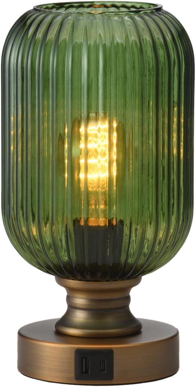 Mid Century Glass Table Lamp,Dimmable Desk Lamp,LED Bulb Included,Touch Control & USB A+C Port,Green Ribbed Glass