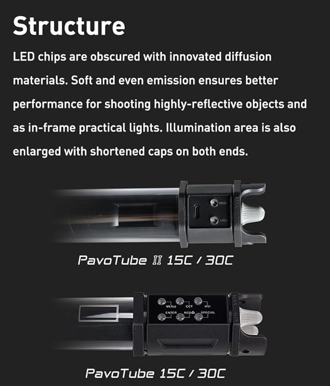 NANLITE PavoTube II 15C LED RGB Tube, 2.4G Bluetooth Smart Wireless Control, 2700K-7500K (G/M±150) Ultra-Wide Color Gamut, 30W Portable Handheld Photography Lighting Stick