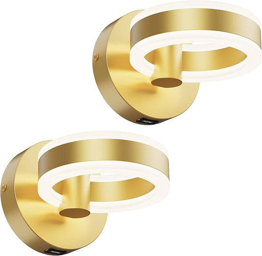 Wall Lamp LED Wall Sconce Rotatable Up-Down Sconces Wall Lighting with Built-in Switch and USB Charging Port 110 Volt AC Hardwired Wall Light (Gold,2 Pack)