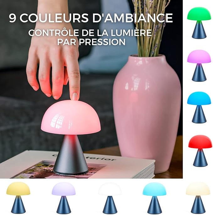 Lexon Mina M Mushroom Lamp - Portable Bedside Light for Bedrooms, Kids & Nursery - 9 LED Color Rechargeable Table Lamp with 24h Light & Dimmer, Medium - Mint