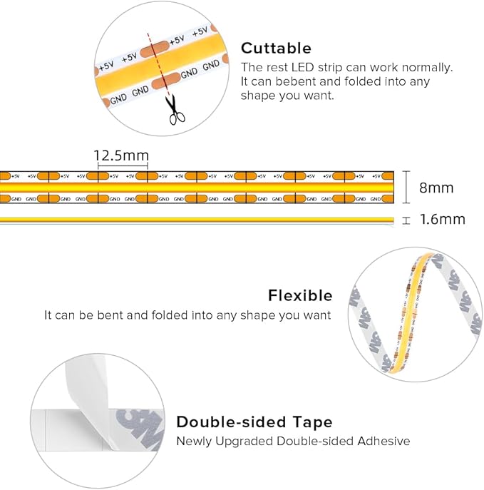 BTF-LIGHTING FCOB COB FOB LED Strip Lights 5V USB Powered 3.28FT 320LEDs Purple Color 8mm Width Dimmable CRI 90+ with 3M Tape Flexible High Density for 3D Printer TV Backlight PC DIY Decor