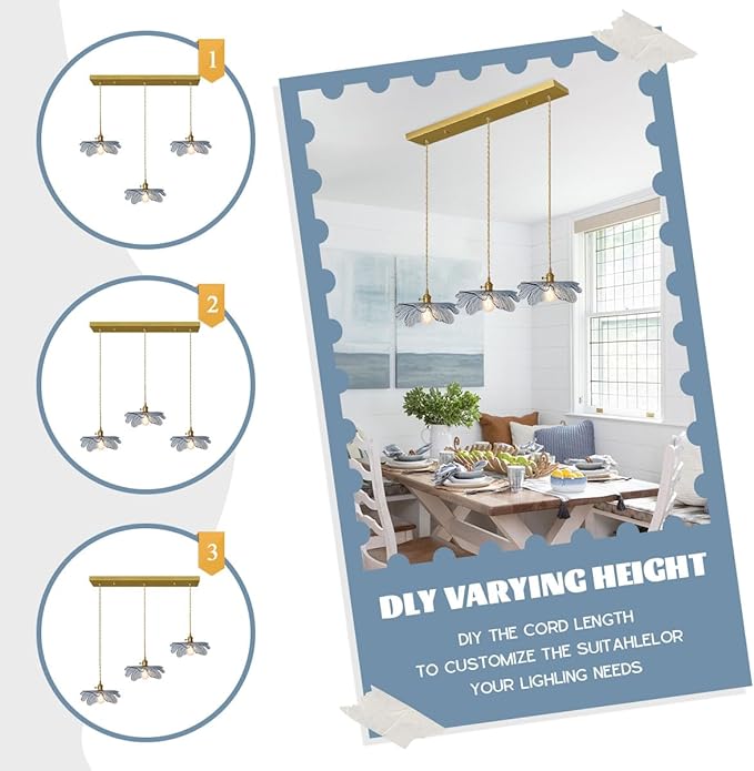 3 Light Pendant Lighting Blue Glass Pendant Light Brushed Brass Pendant Light fixtures Vintage Farmhouse Chandelier Hand Blown Hanging Light for Kitchen Dining Room Bedroom