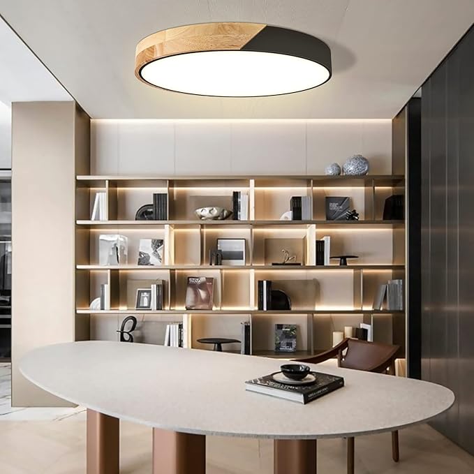 Led Ceiling Light Flush Mount: 15.8 Inch 30W Bedroom Light Fixture with Round Wood Modern Black Flat Overhead Minimalist Ceiling Lamps for Kitchen Hallway Laundry Warm White 3000K, Not Dimmable