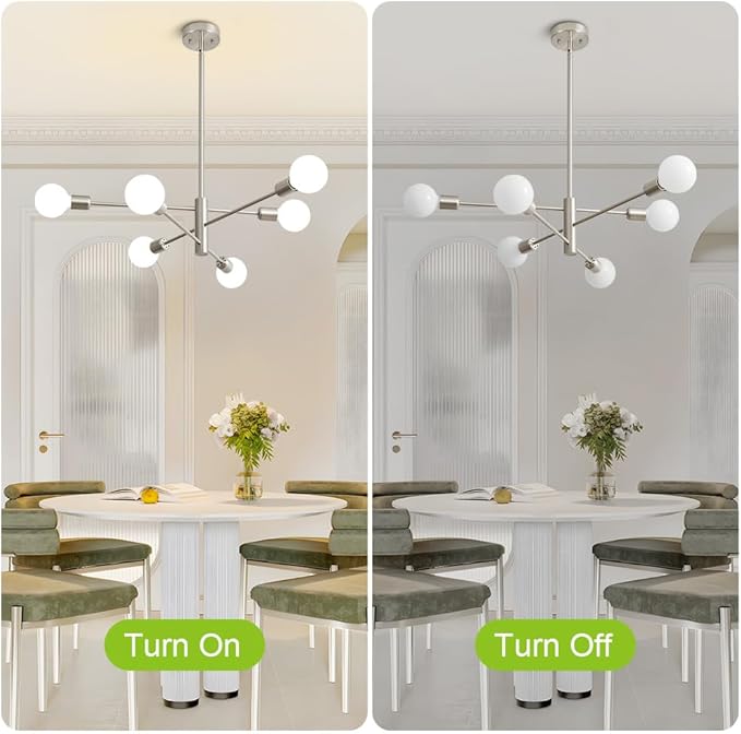 Sputnik Chandelier Modern Brushed Nickel Chandeliers 6-Light Mid Century Ceiling Lighting Fixture for Living Room, Kitchen, Bedroom, Dining Room, and Farmhouse (6-Light)