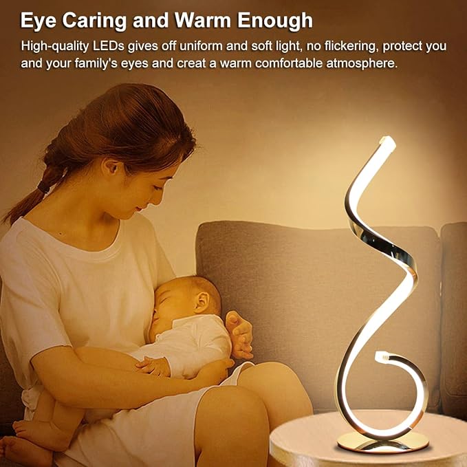 Modern Spiral LED Table Lamp, Stepless Dimmable Bedside Table Lamps for Bedroom, 10W LED Desk Lamp 3 Color Modes Desk Light Reading Office Lamps for Nightstand, Living Room- Silver