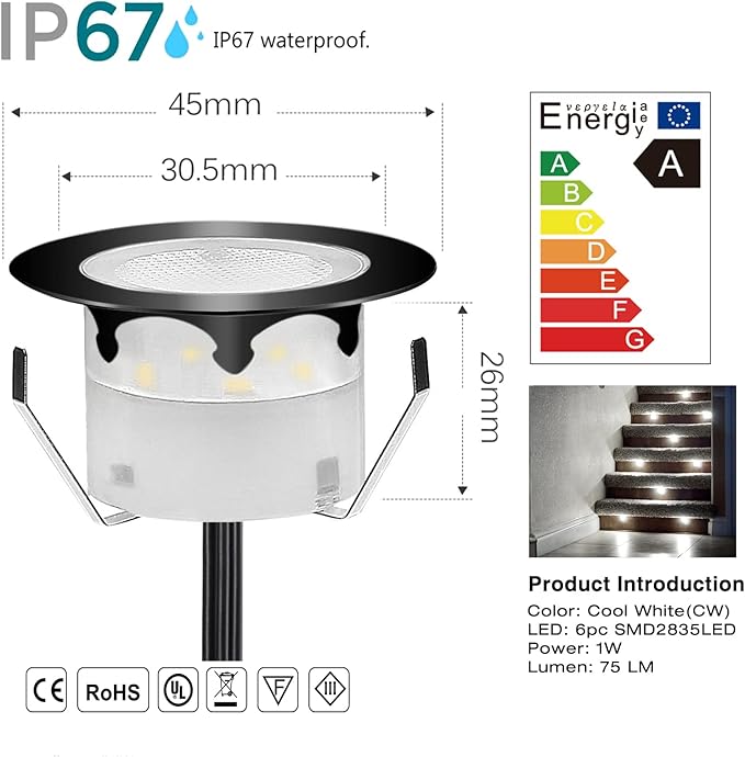 Deck Lights Outdoor Waterproof Low Voltage Lighting Kit Stainless Steel 1W Outdoor Yard Garden Decoration Lamps Landscape Pathway Patio Step Stairs Black Border(30pcs,Cool White)